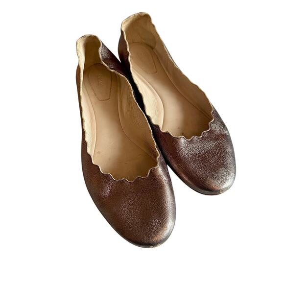 Chloe Lauren Ballet Flats Gold Metallic Scalloped Leather - Picture 1 of 5